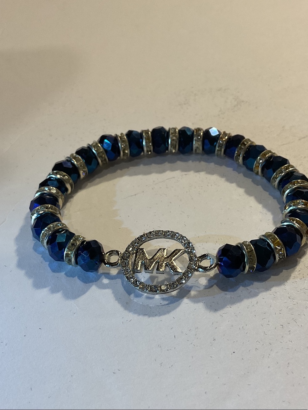 Silver-Tone Bracelet with Blue Faceted Beads and Logo Disc - Picture 3 of 4